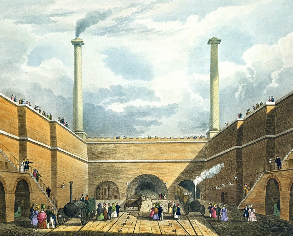 An 1833 coloured print of the original Edge Hill railway station, its Moorish Arch and tunnel entrances